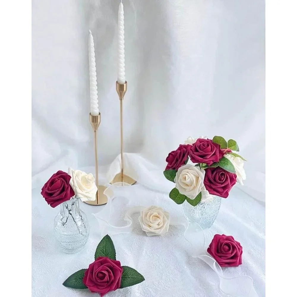 25 Count | Burgundy & Champagne Artificial Flowers Wedding Bouquet Centerpiece